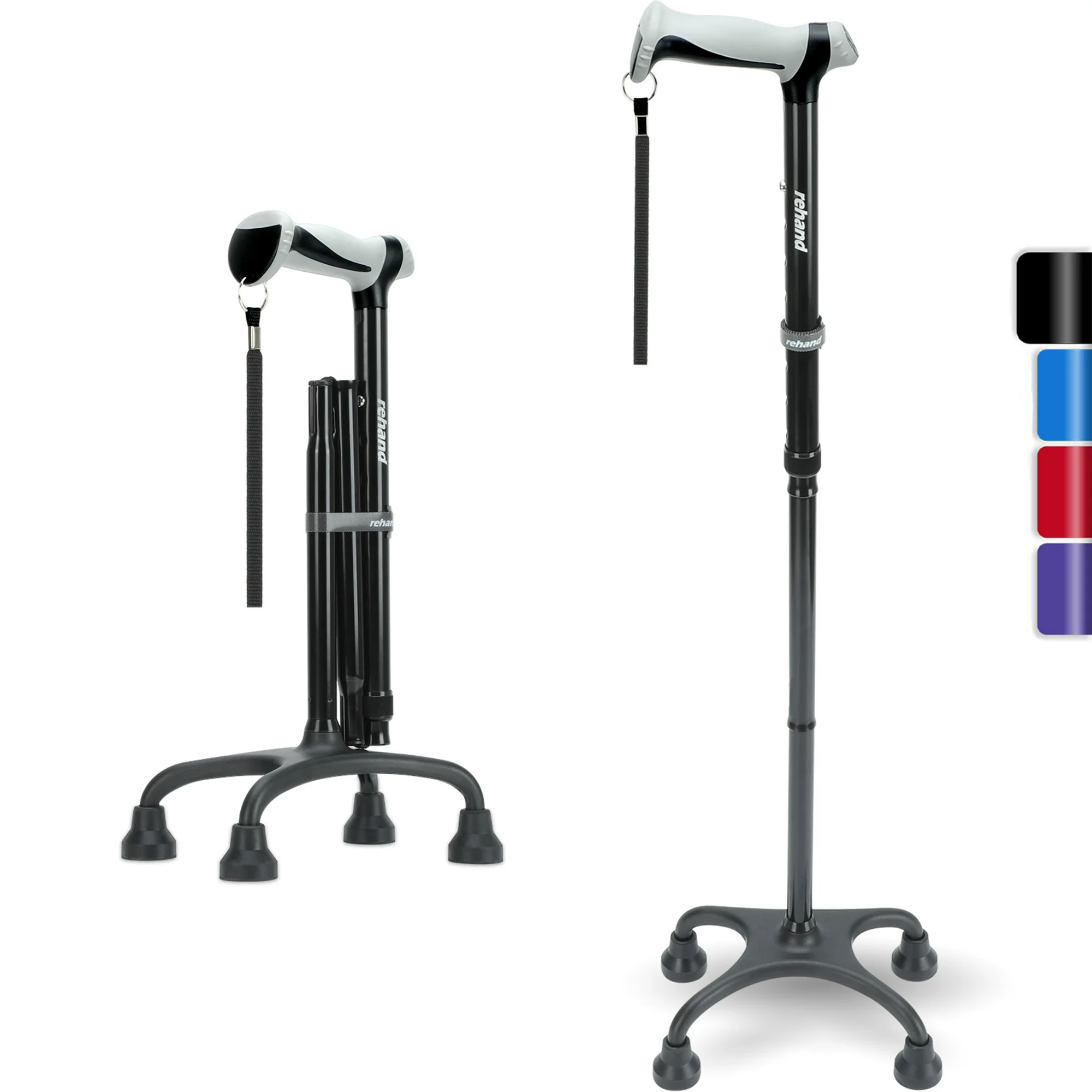 1 REHAND Adjustable Foldable Quad Cane,Lightweight Walking Cane for Men & Women with 4-Pronged Base for Extra Balance & Stability,Black - Image 1