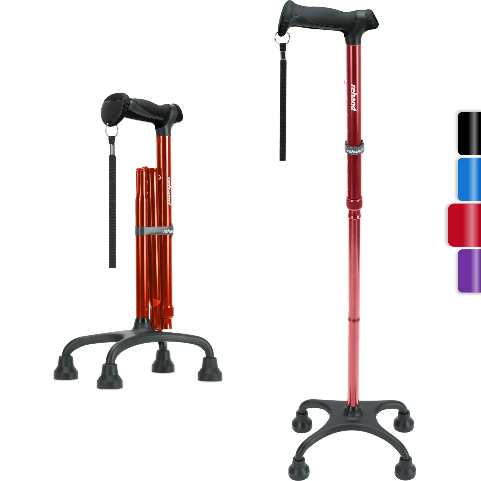 1 REHAND Adjustable Foldable Quad Cane,Lightweight Walking Cane for Men & Women with 4-Pronged Base for Extra Balance & Stability,Red - Image 1