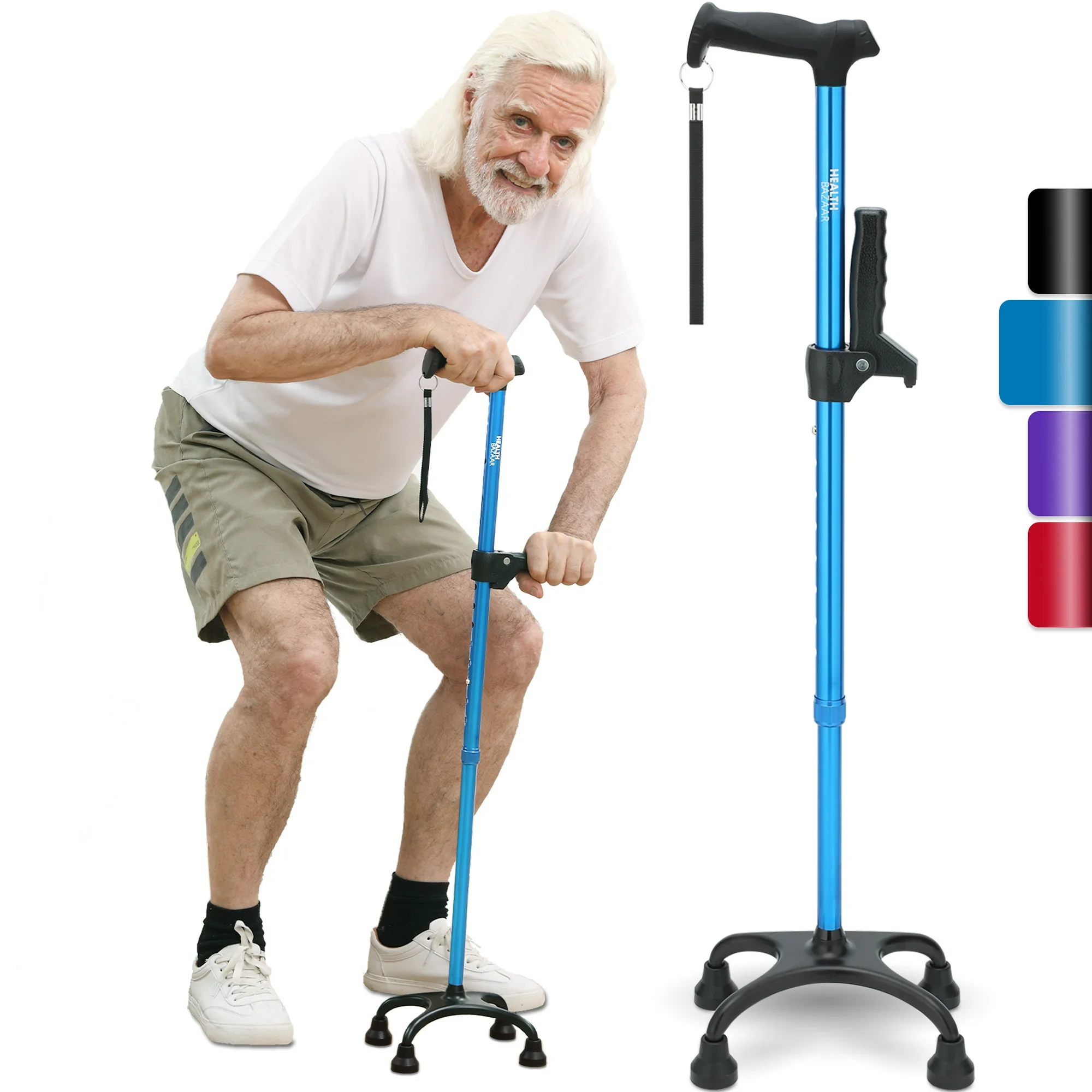 1 HEALTHBAZAAR Quad Cane Walking Cane for Women & Men for Balance Stability Adjustable Lightweight Walking Stick Blue - Image 1