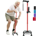 HEALTHBAZAAR Quad Cane Walking Cane for Women & Men for Balance Stability Adjustable Lightweight Walking Stick Red