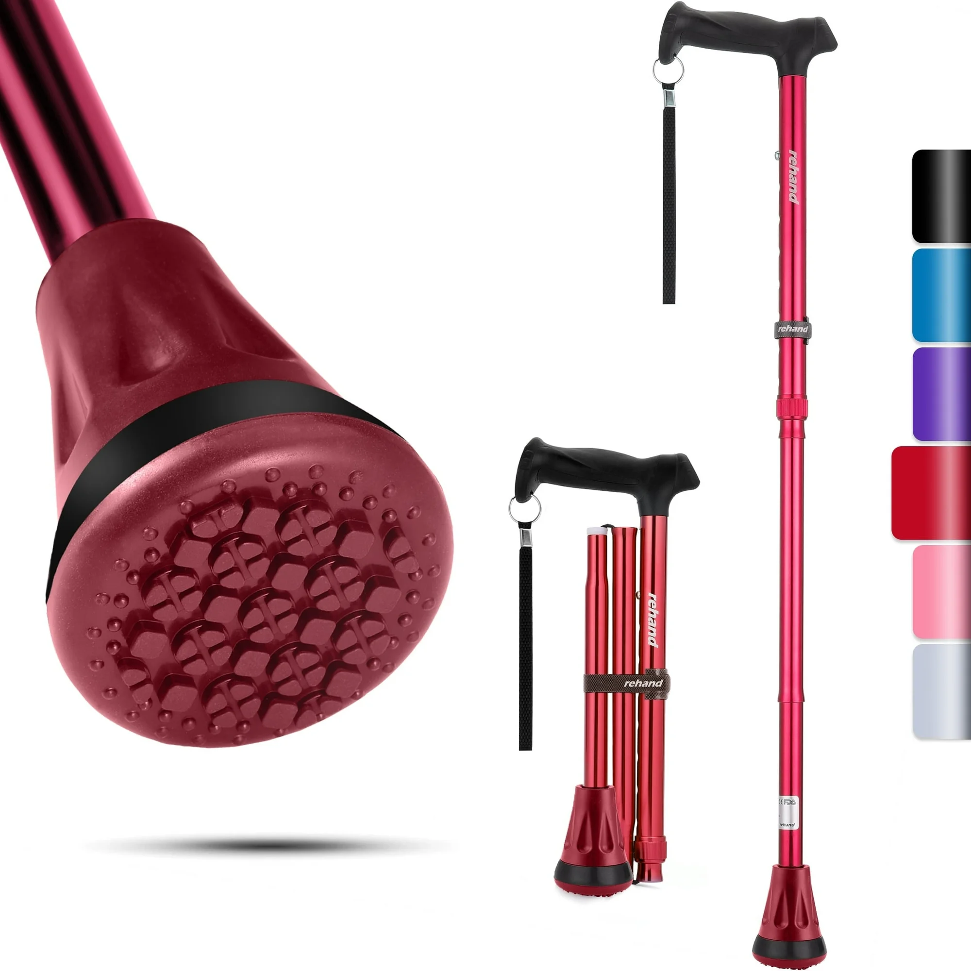 1 REHAND Foldable Walking Canes,Adjustable Height | Lightweight & Durable | Heavy Duty Walking Cane for Seniors Women & Men,Red - Image 1