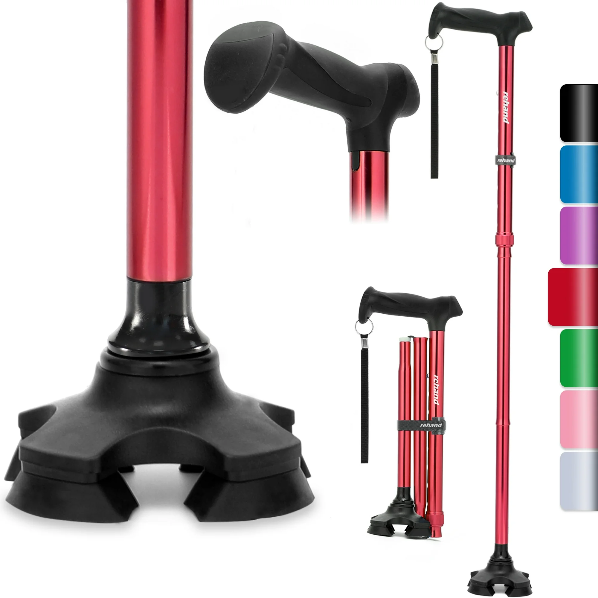 1 REHAND Self Standing Pivot Walking Cane for Men & Women - Foldable,Adjustable,Lightweight,Soft Handle Grip with Travel Bag, Walking Sticks for Seniors & Adults,Red - Image 1