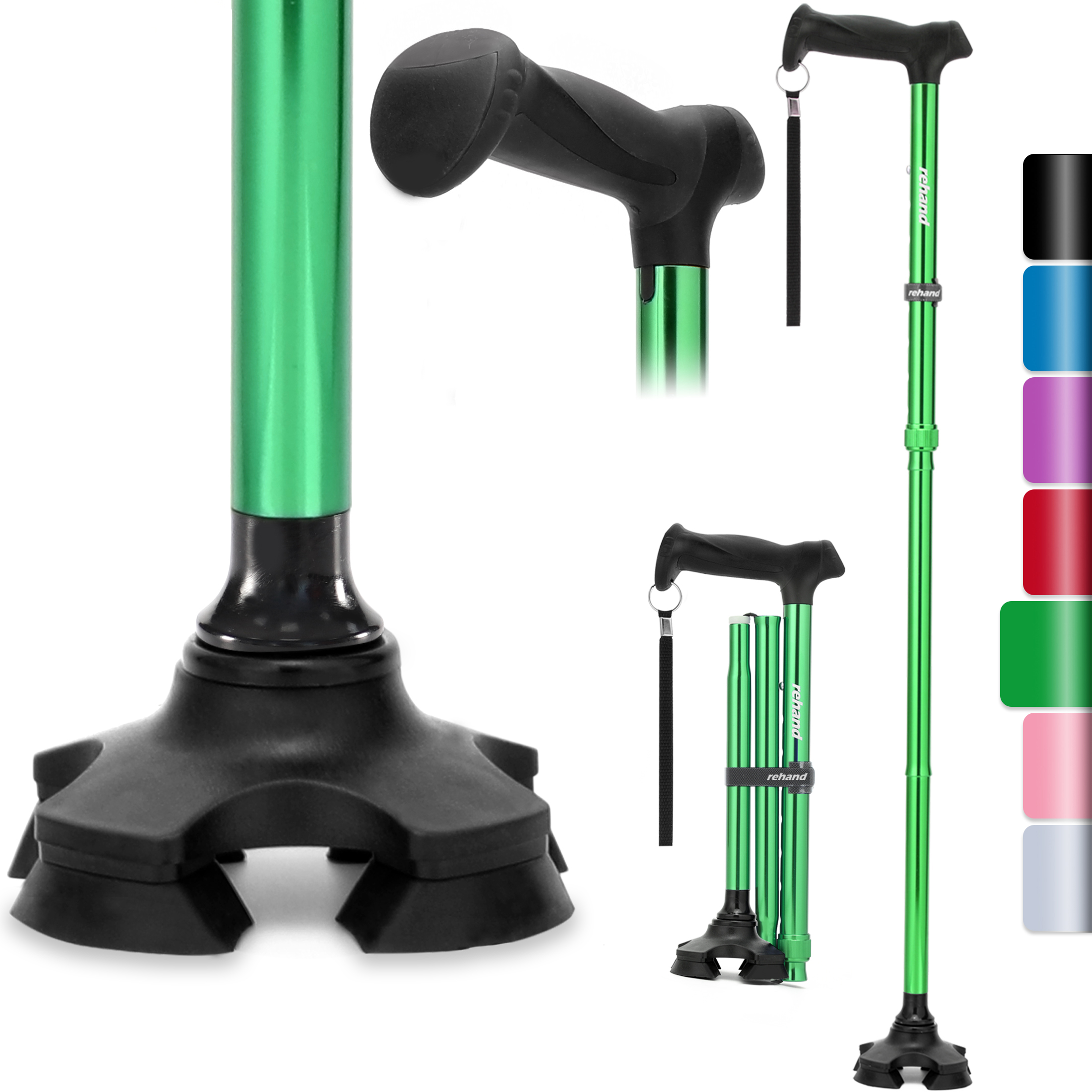 绿1 REHAND Walking Cane for Men & Women - Foldable, Adjustable, Lightweight, Self Standing Pivot Walking Cane, Soft Handle Grip, with Travel Bag, Walking Sticks for Seniors & Adults - Image 1