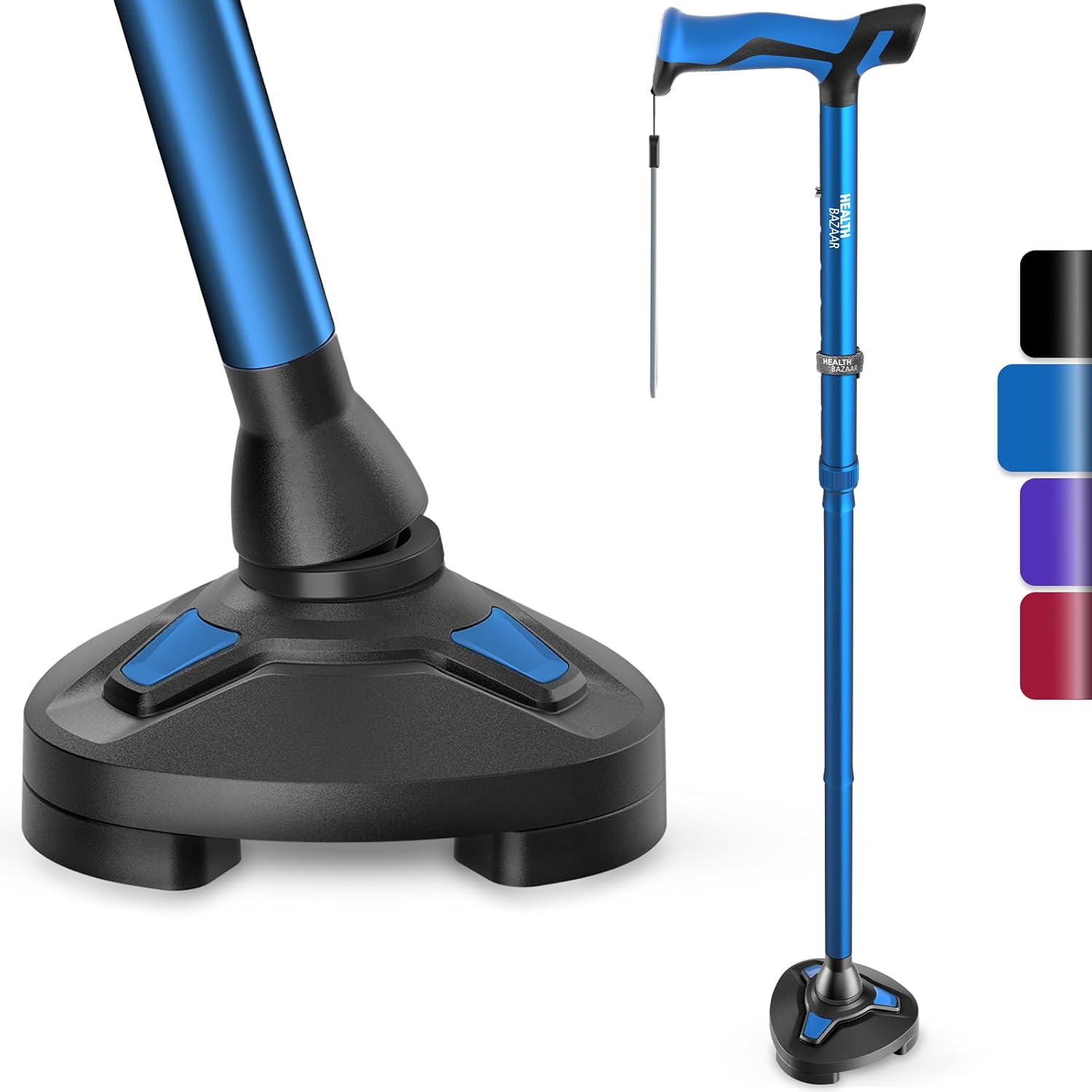 蓝 Walking Cane for Men & Women - Self Standing Pivot Cane, Adjustable, Foldable Walking Sticks for Seniors & Adults with Wrist Strap, Travel Bag | TRIGRIP - Image 1